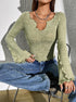 grass green shirt-style long sleeve T-shirt, slim fit with bell sleeves, front seated view