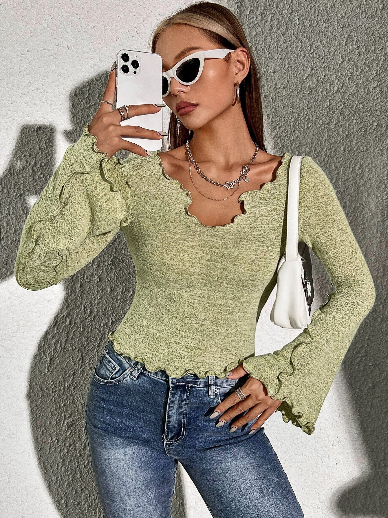 mirror selfie, green shirt-style long sleeve T-shirt with bell sleeves, slim fit