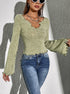 three-quarter front, green slim fit shirt-style long sleeve T-shirt, irregular neckline