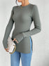 shirt-style long sleeve T-shirt, slim fit ribbed knit, crew neck, side slit detail, side view