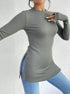 side profile, slim fit ribbed long sleeve T-shirt with clean side slit and rounded hem