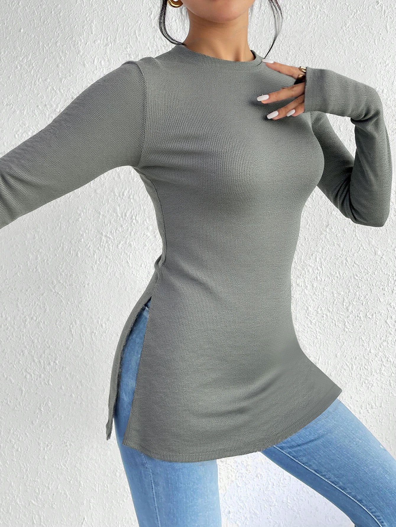side profile, slim fit ribbed long sleeve T-shirt with clean side slit and rounded hem