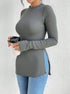 shirt-style long sleeve T-shirt, slim fit ribbed knit with side slit, crew neck, front view holding cup