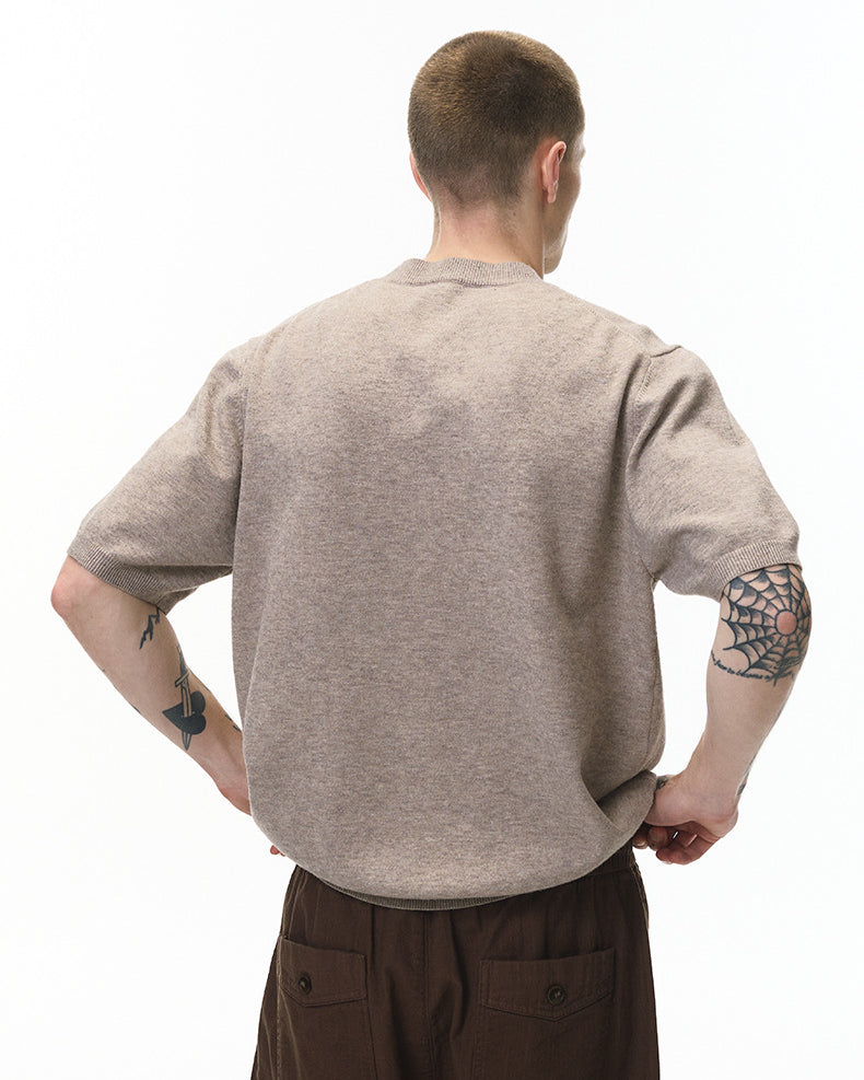 Khaki short sleeve knit top back view showing crew neck