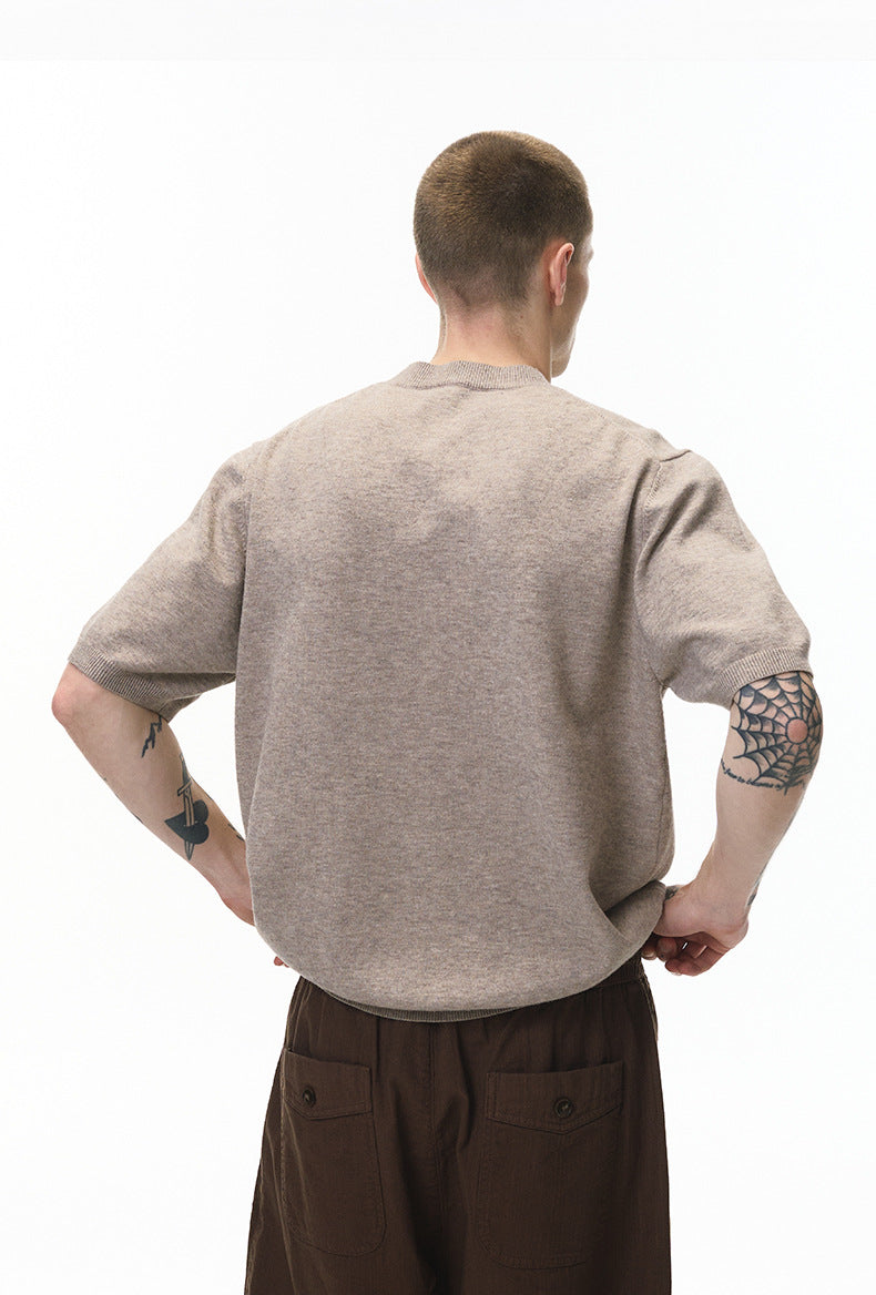 Khaki short sleeve knit top back view showing crew neck