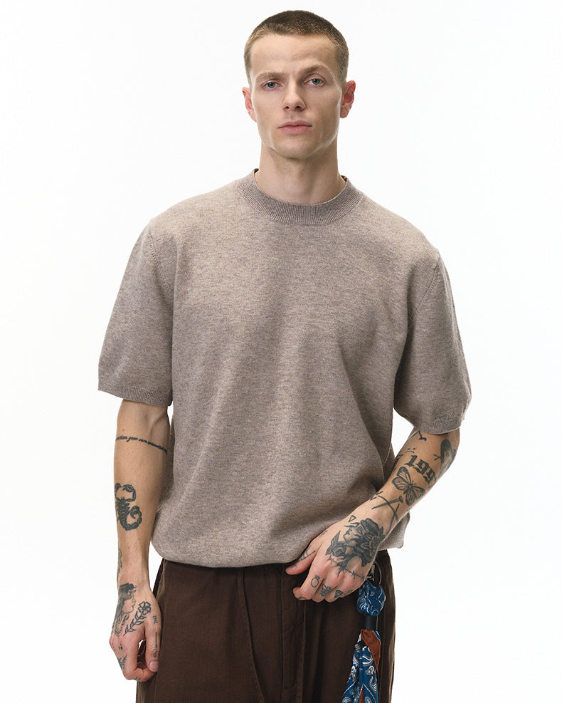 Khaki short sleeve knit top front view on model