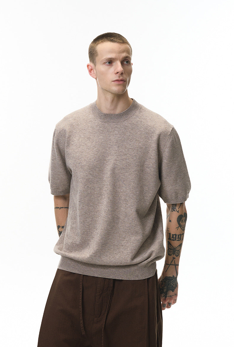 Khaki short sleeve knit top side angle on model