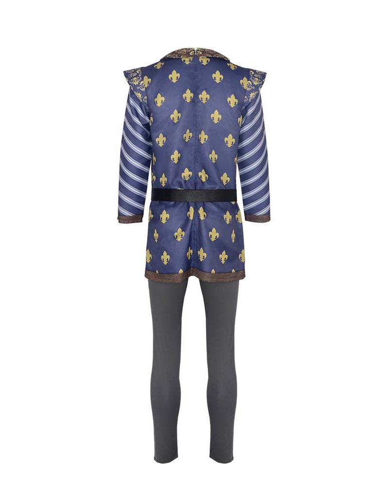 shrek prince charming cosplay costume back view blue tunic with gold fleur de lis design