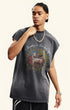 Side view of model in washed dark gray ram tee and relaxed-fit pants