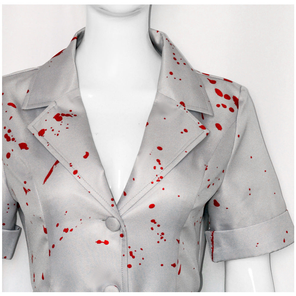 Silent Hill nurse cosplay costume detail view with bloody lapel close-up