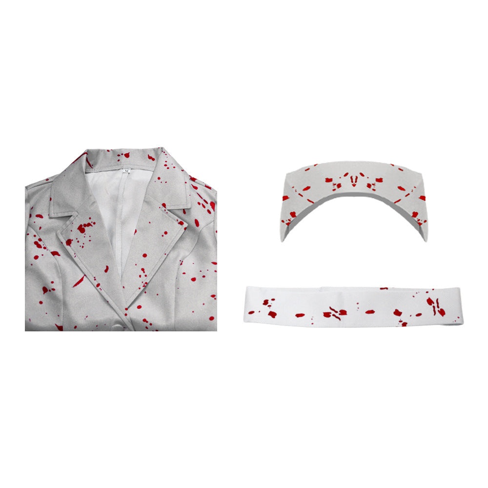Silent Hill nurse Halloween outfit flat lay with bloody dress headpiece and belt