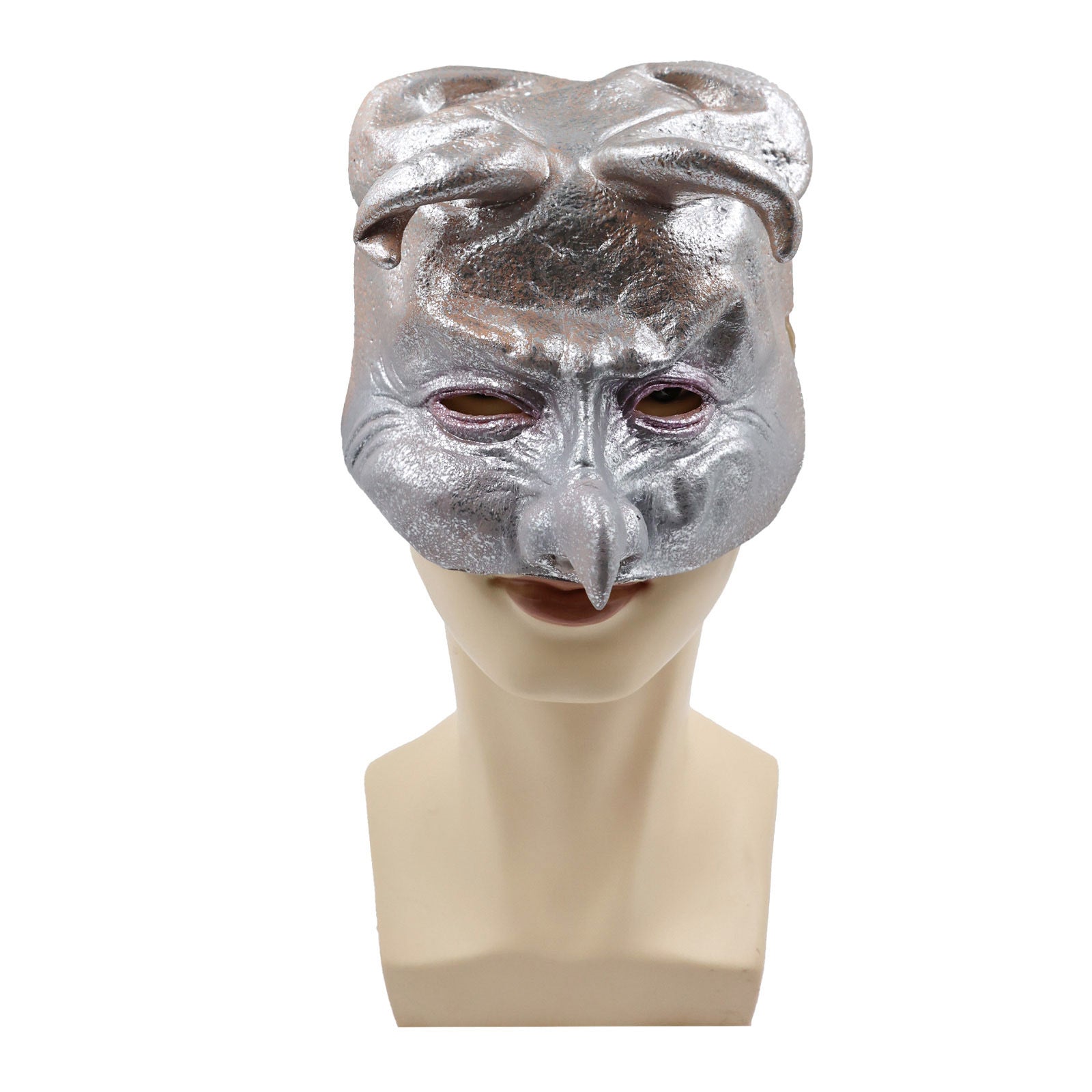 Silver owl mask on a mannequin head against a white background