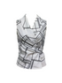 Flat lay of white sleeveless top with black geometric pattern on a white background