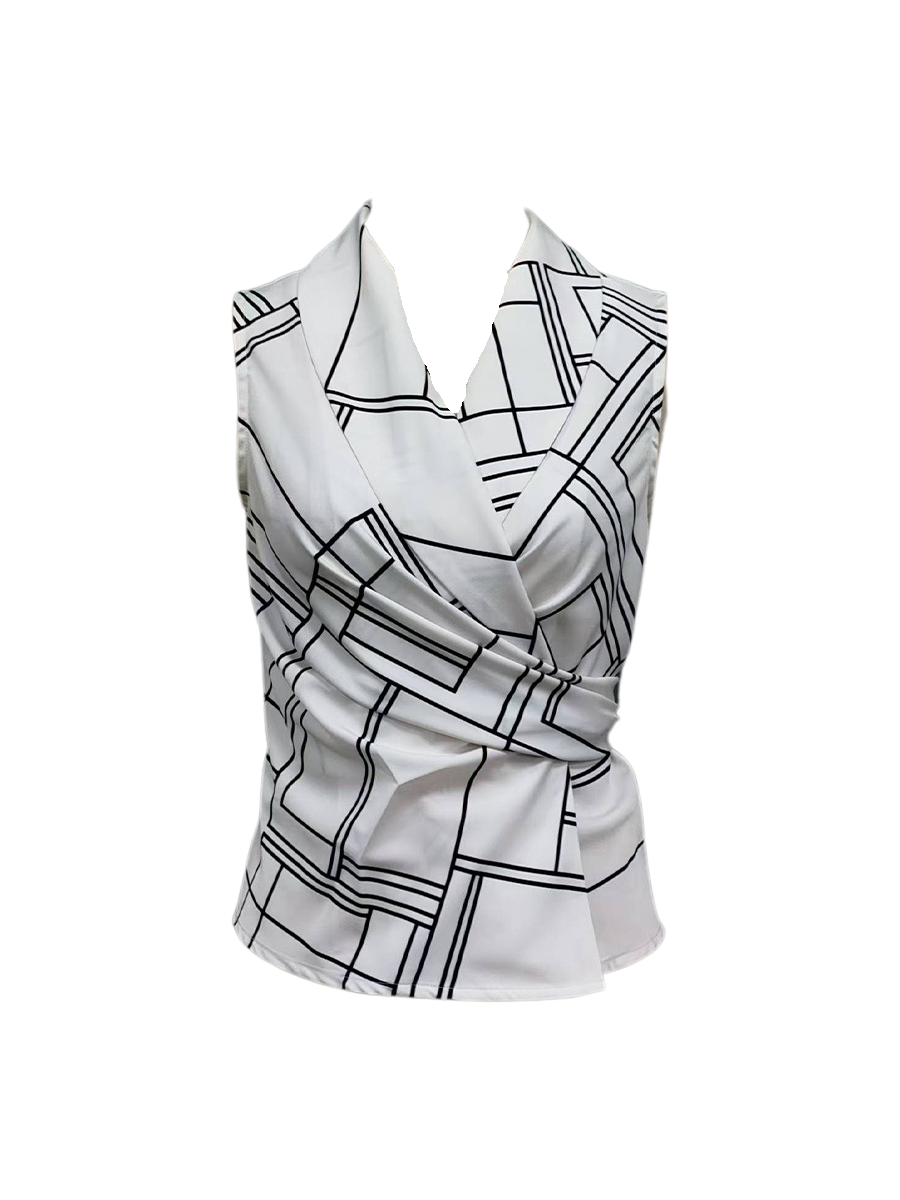 Flat lay of white sleeveless top with black geometric pattern on a white background