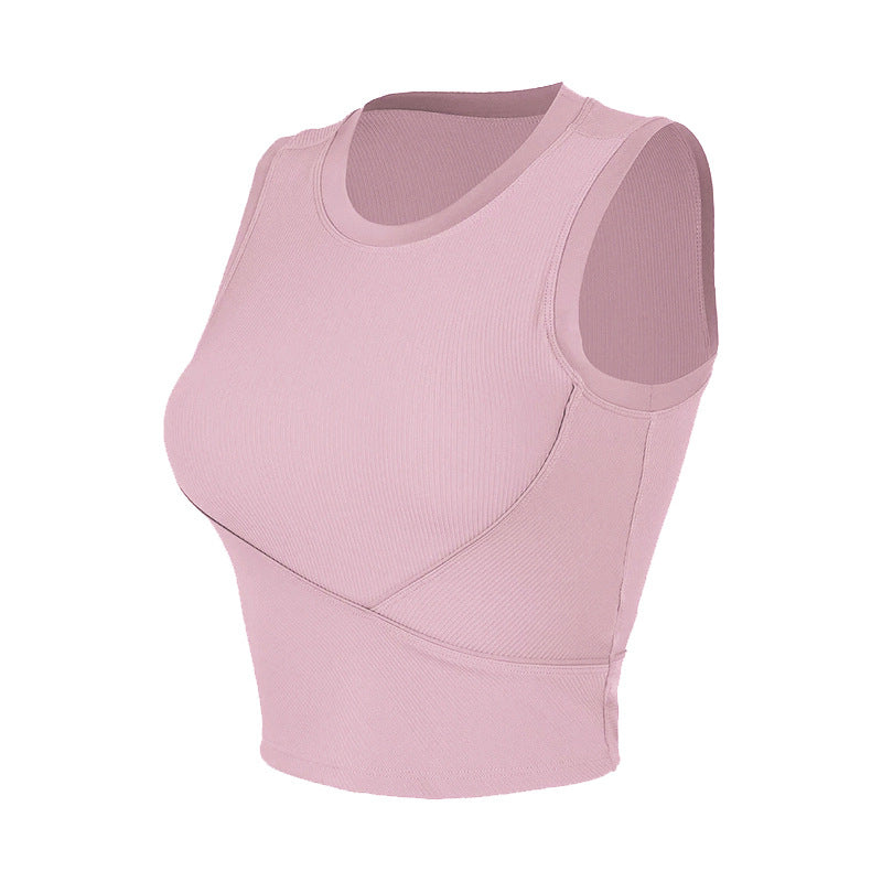 pink ribbed workout tank top with contour seam details.