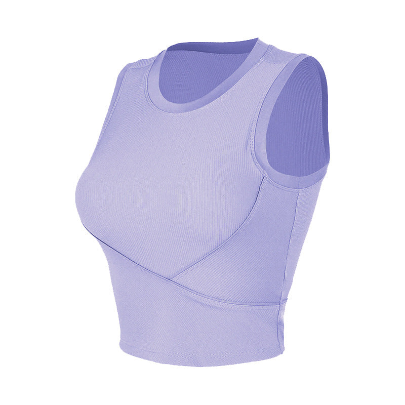 Purple ribbed workout tank with crew neck and curved stitching.