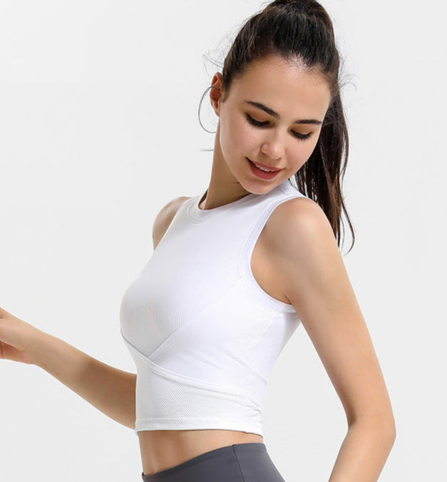 White ribbed athletic tank top shown from side with clean seam finish.