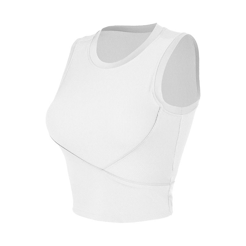 White ribbed athletic crop tank with contoured design and snug fit.