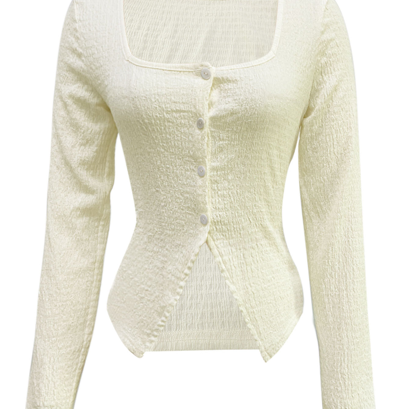 flat lay of square neck button front rib knit slim fit long sleeve crop top