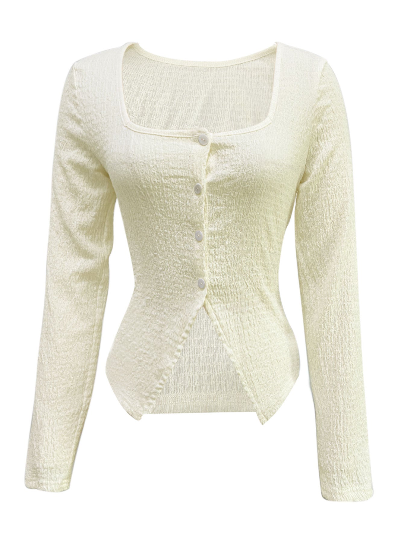 flat lay of square neck button front rib knit slim fit long sleeve crop top