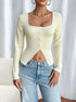 square neck long sleeve crop top with button front and pointed hem, slim fit rib knit, front view