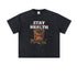 Black T-shirt laid flat with bullet fries graphic and text 'Stay Health.