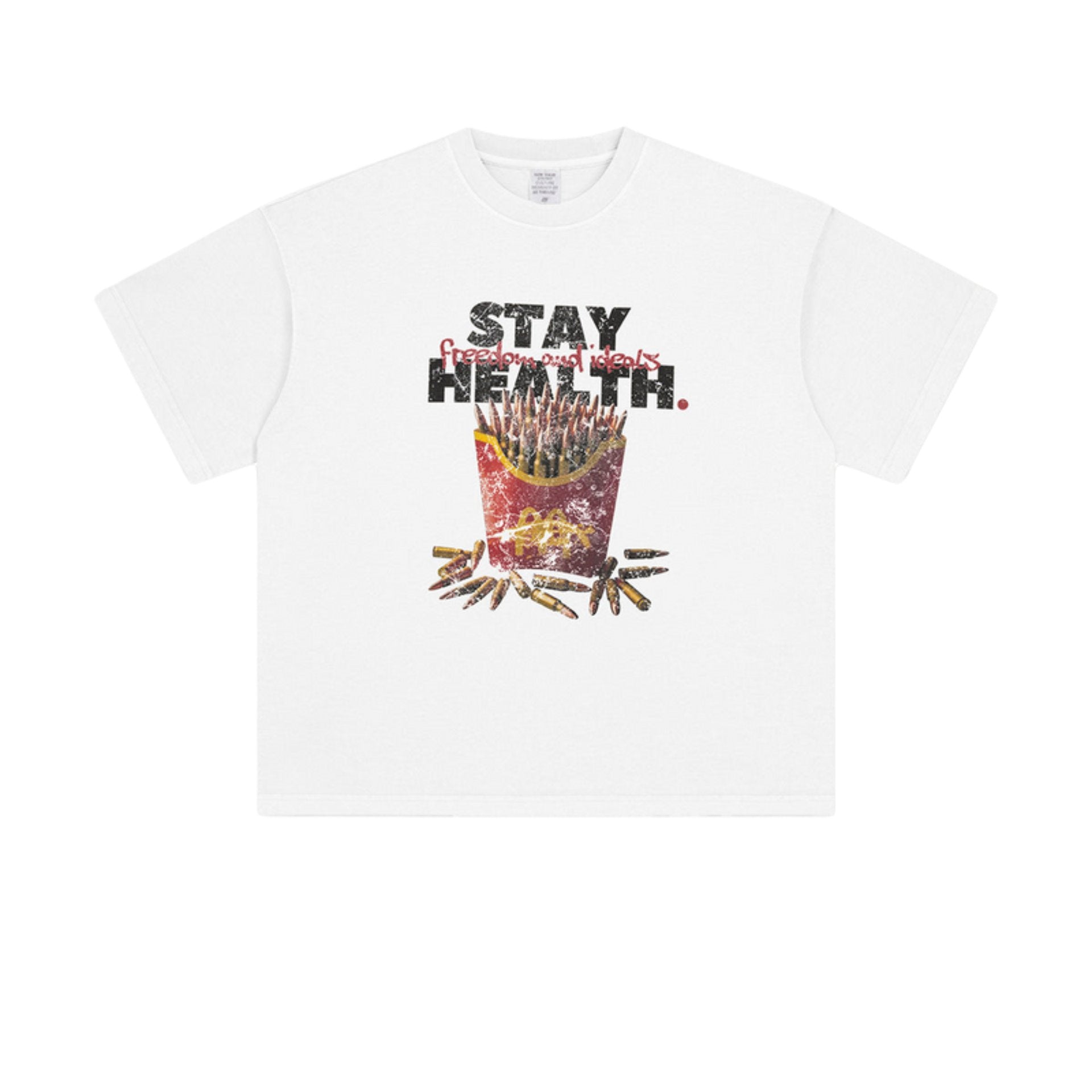 White T-shirt laid flat with bullet fries graphic and text 'Stay Health.