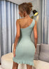 back view, mint one-shoulder bodycon with ruffle hem, slim fit, strapless mini dress vibe