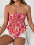 Woman wearing cranberry smocked boho strapless tube top with flare hem in paisley print