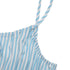 Close-up of adjustable spaghetti strap on blue striped summer dress.