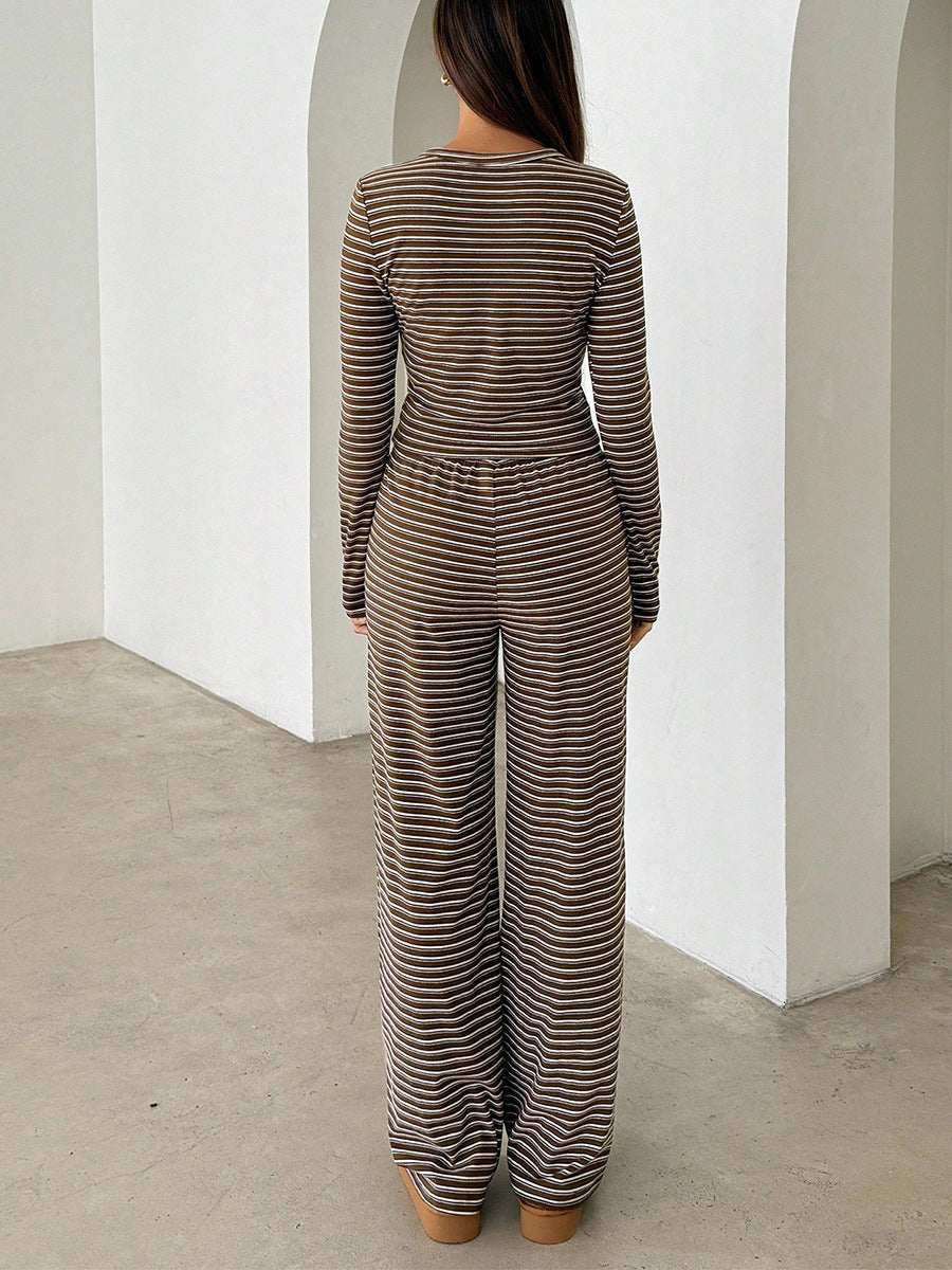 striped ladies co ord set back view showing crop top and wide leg pants