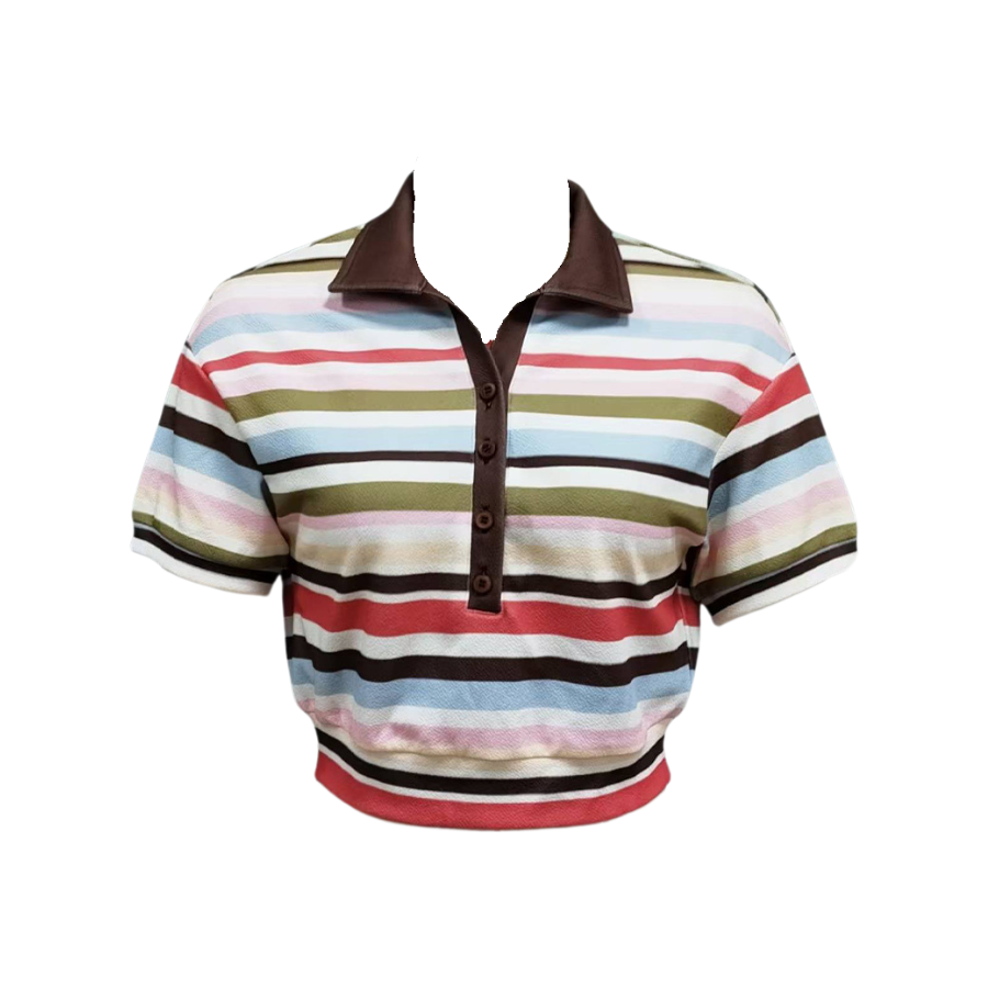Flat lay of striped crop polo shirt with brown collar on a white background