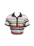 Flat lay of striped crop polo shirt with brown collar on a white background