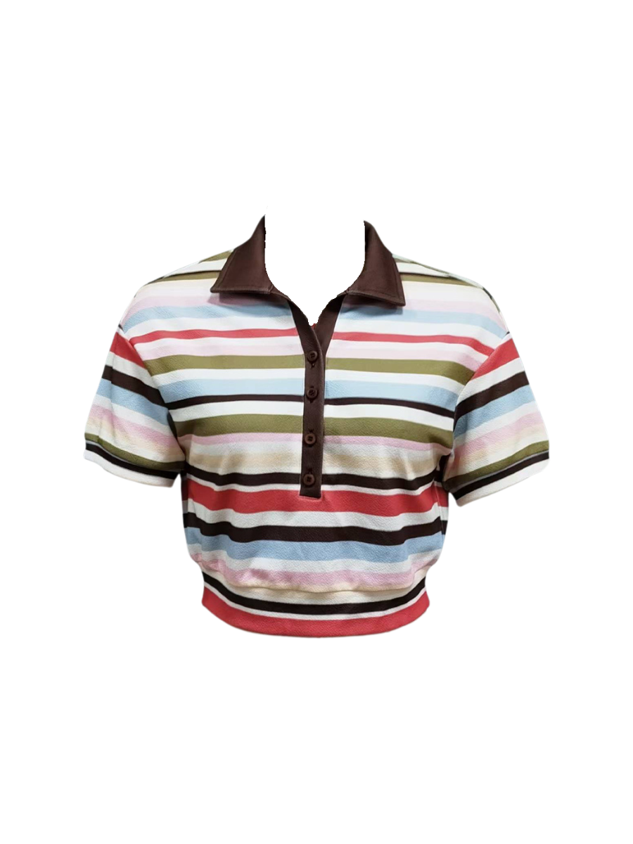 Flat lay of striped crop polo shirt with brown collar on a white background