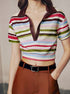 Woman wearing striped crop polo shirt with brown high-waisted shorts