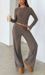 striped knit ladies co ord set with long sleeve crop top and wide leg pants front view