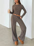 striped knit ladies co ord set with long sleeve crop top and wide leg pants front view