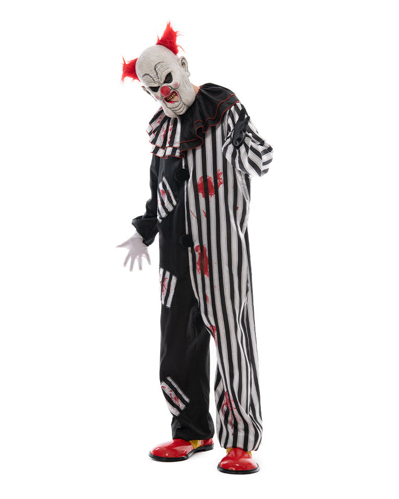 Black and white striped clown suit side view