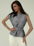 Side angle of belted gray top with structured silhouette