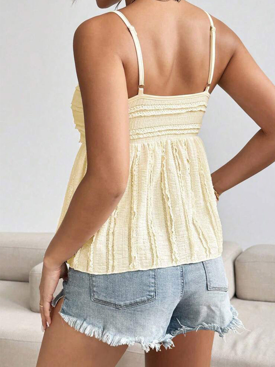 Back view of light yellow summer tank top with shirred detail