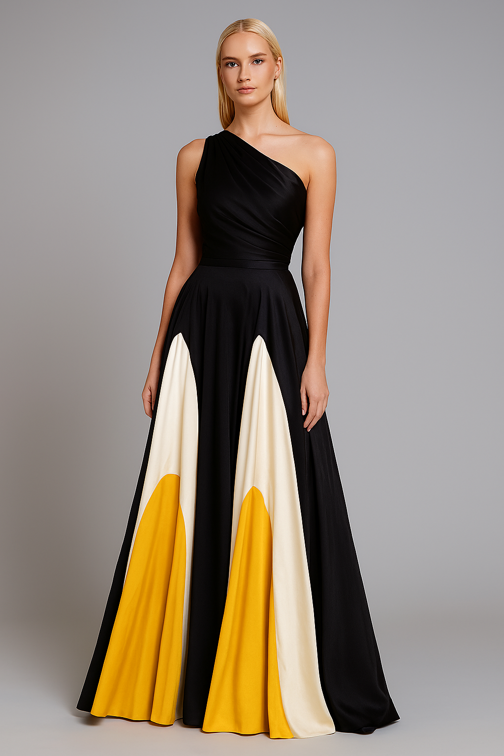 Woman wearing a one-shoulder maxi dress  with black, white, and yellow color block design on a gray background.
