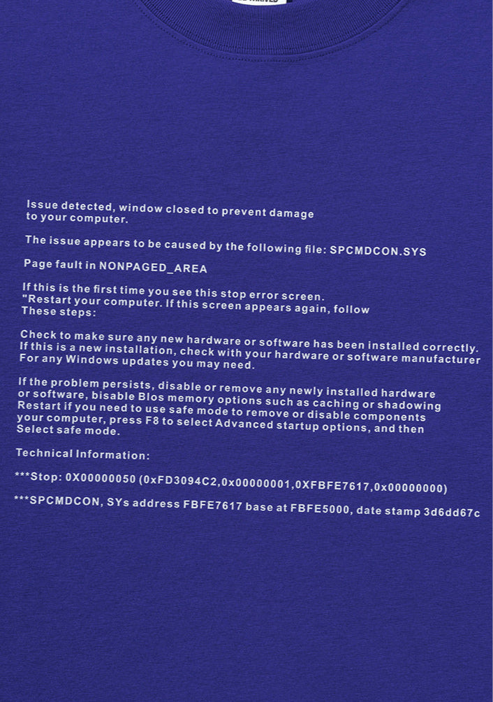 Center chest graphic print of system error in white text on blue cotton.