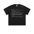 Flat lay of black oversized tee with white crash report text print.