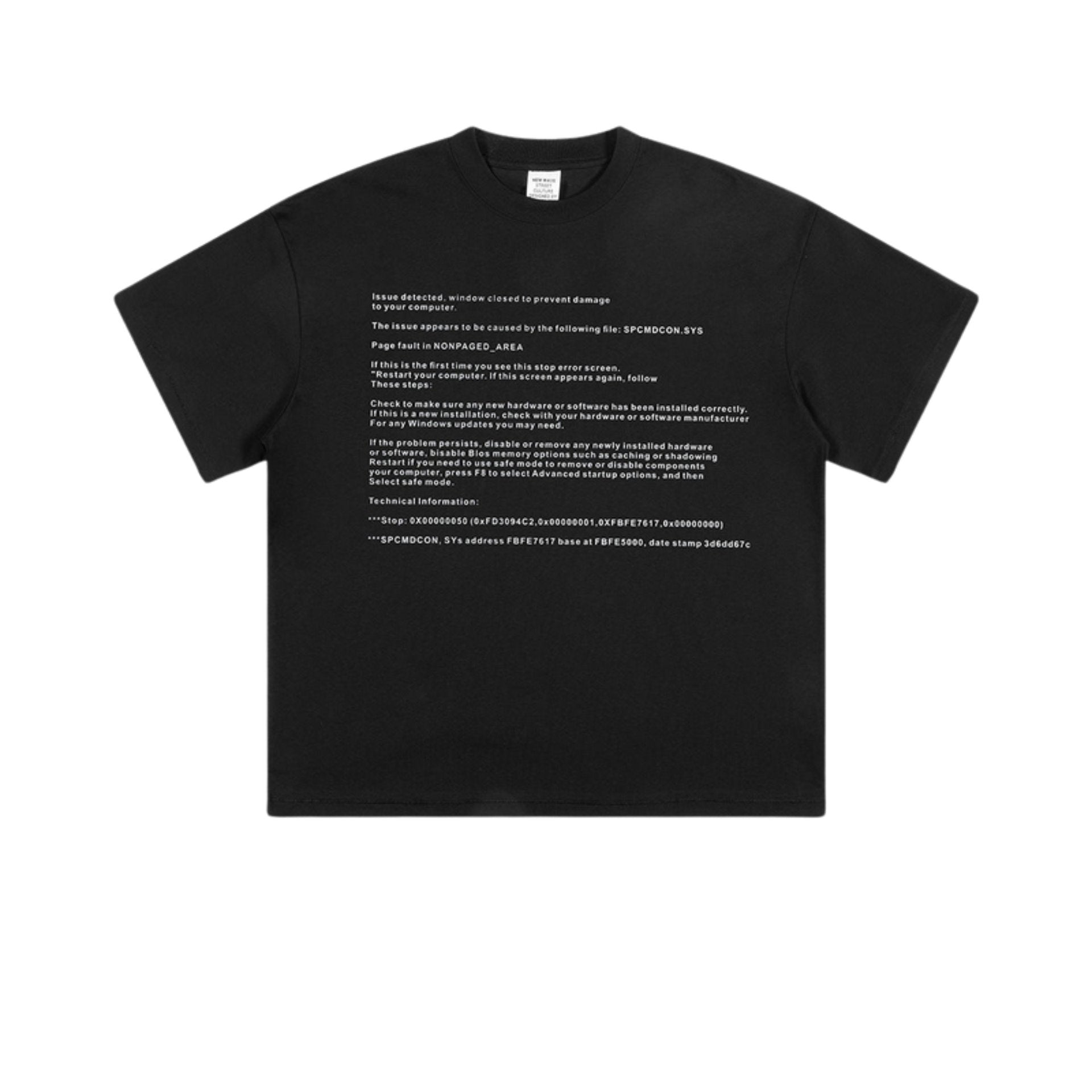 Flat lay of black oversized tee with white crash report text print.