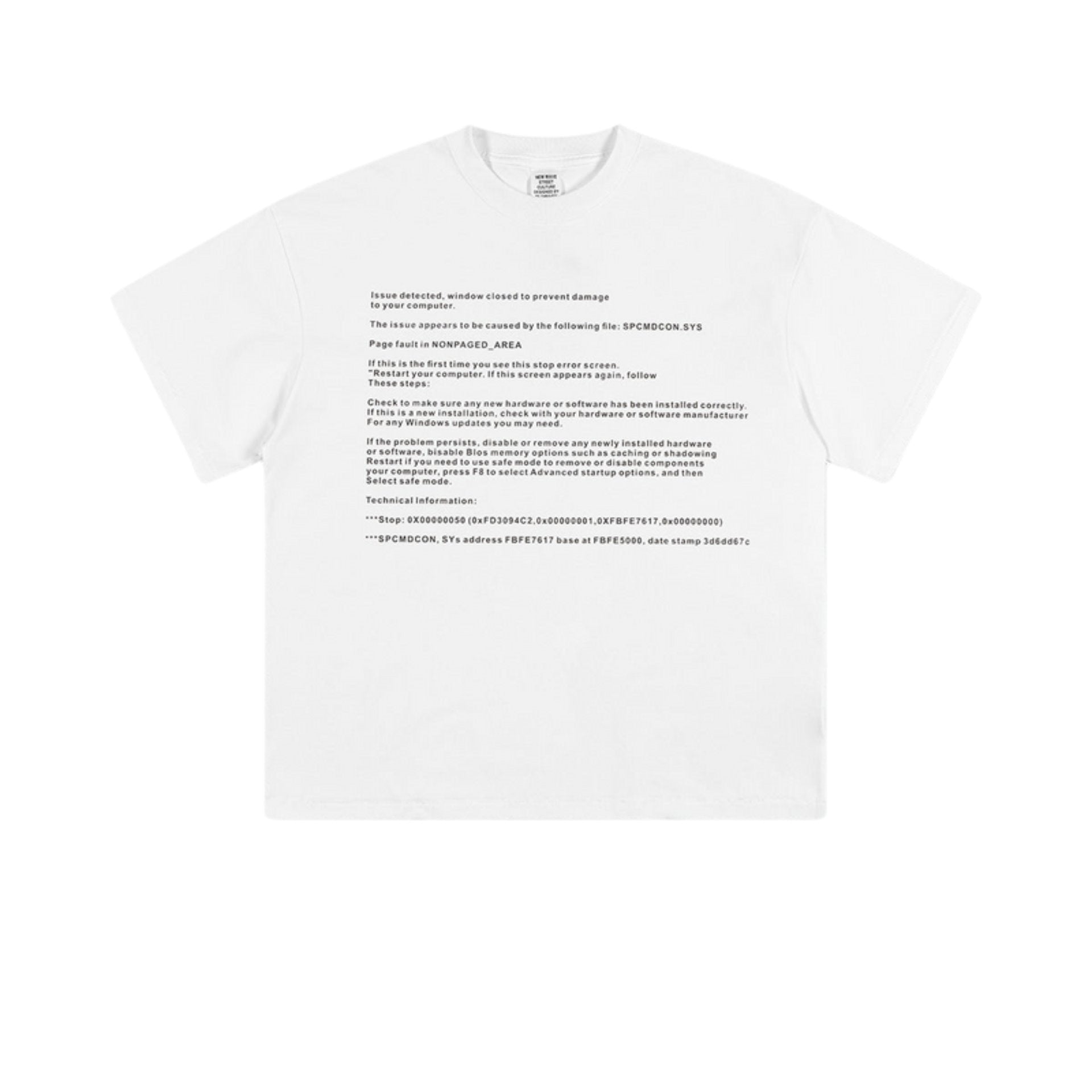Flat lay of white oversized tee featuring black system error text.