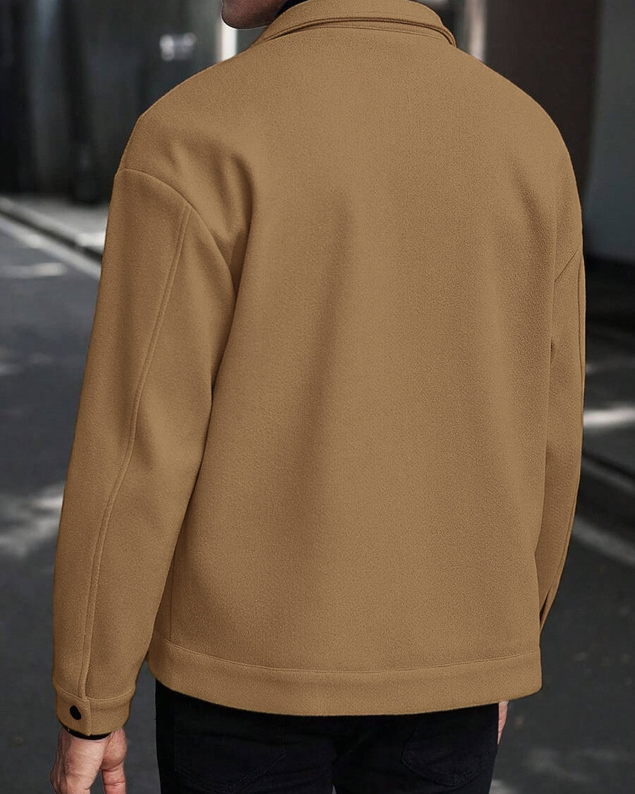 tan men’s wool jacket back view shot outdoors