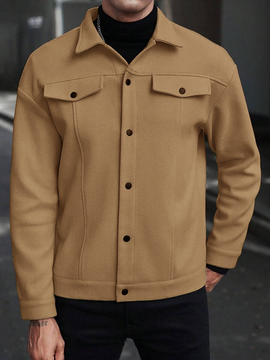 tan men’s wool jacket full front street pose