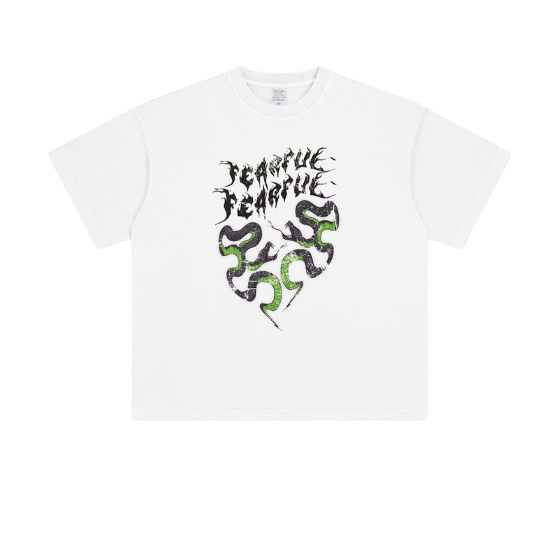 Men’s oversized white tee with green snake-heart design and “Terrible Beauty” gothic text