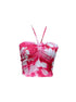 Flat lay of tie dye halter neck crop top with floral detail
