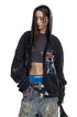 Charcoal oversized graffiti hoodie worn open in a three-quarter front view.